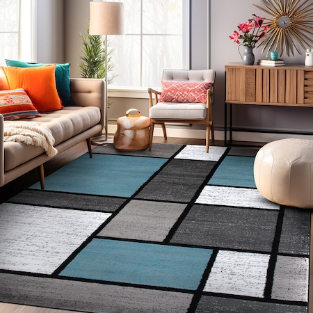 World Rug Gallery Contemporary Modern Boxes Design Soft Area Rug 6'6'' x 9' Blue Gray 106BLUE6X9